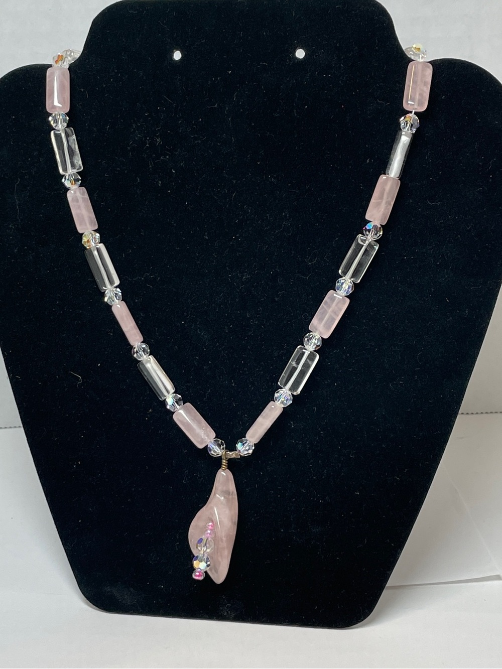 Chunky rose quartz pink beaded Calla Lily pendant silver 925  Necklace ~ 19”